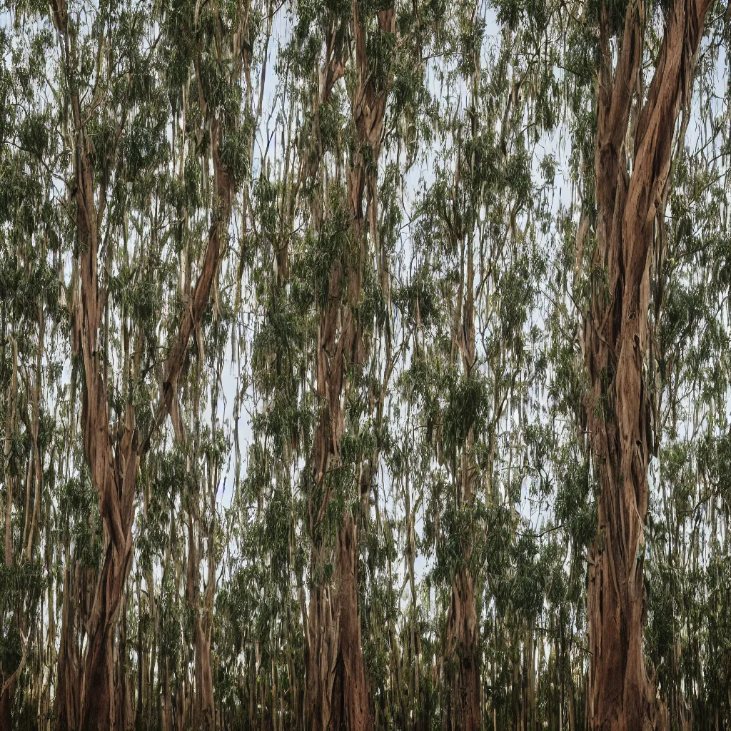 Image similar to 1 0 seconds long exposure photograph of eucalyptus trees, strong wind, back light, sony ar 7 ii, photographed by julie blackmon