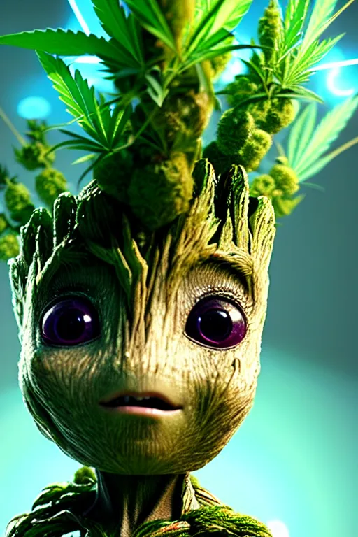 Prompt: high quality 3 d render very cute beautiful creature with a cannabis inflorescence instead of a head, like baby groot! incorporated speakers!, cyberpunk highly detailed, unreal engine cinematic smooth, in the style of blade runner & detective pikachu, hannah yata charlie immer, moody light, low angle, uhd 8 k, sharp focus