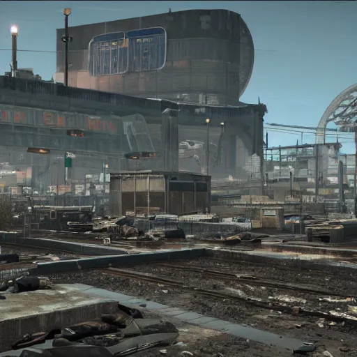 Image similar to Rotterdam Centraal Station in ruins post-nuclear war in Fallout 4, in game screenshot