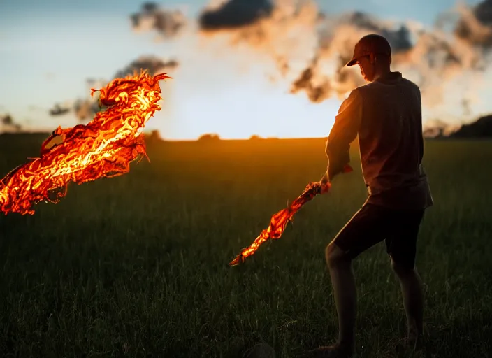 Prompt: squidward practicing firebending in an open field at susnset, 1 2 0 mm, dramatic lighting'