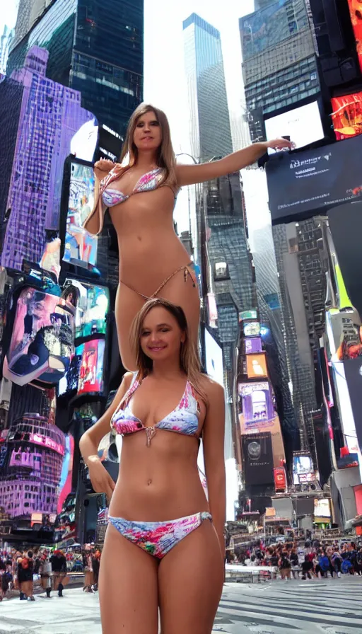 Prompt: beautiful saint mary in bikini in times square