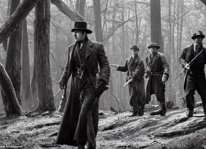 Image similar to an action scene from the movie gangs of new york, filmed in a dark forest, medium long shot, leonardo dicaprio and daniel day - lewis, sharp eyes, serious expressions, detailed and symmetric faces, black and white, cinematic, epic,