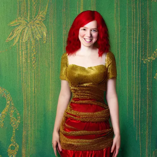 Image similar to Intricate painting of a beautiful young woman in front of a fabric background with red hair and a dark green dress, smiling by Mary Dimary and Craig Mullins, Fabric texture, gold details, gemstones, Golden thread, emeralds, intricate details, intricate patterns 4k, 8k, HDR