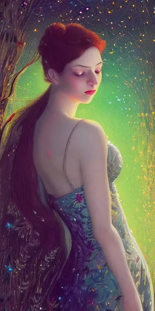 Prompt: young woman surrounded by golden firefly lights in a mesmerizing scene, amidst nature fully covered by a intricate detailed dress, long loose red hair, precise linework, accurate green eyes, small nose with freckles, smooth oval shape face, empathic, bright smile, expressive emotions, hyper realistic ultrafine art by artemisia gentileschi, jessica rossier, boris vallejo