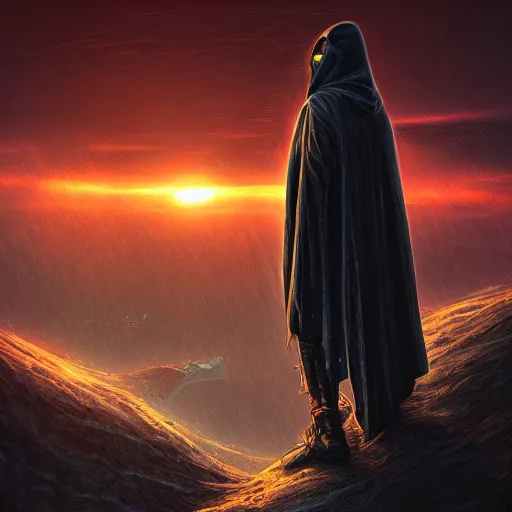 Image similar to hooded figure standing at the edge of reality gazing into the unknown, sunset on distant machine planet, steampunk, cyberpunk, detailed digital painting, smooth, sharp focus, artstation, artgerm, 4 k ultra hd, fantasy dark art