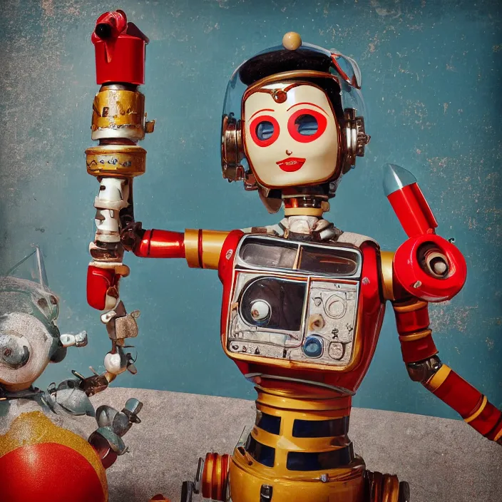 Image similar to portrait of a retro 1 9 5 0 s tin toy robot spacegirl wearing a bikini, depth of field, zeiss lens, detailed, symmetrical, centered, fashion photoshoot, by nicoletta ceccoli, mark ryden, lostfish, breathtaking, 8 k resolution, extremely detailed, beautiful, establishing shot, artistic, hyperrealistic, octane render