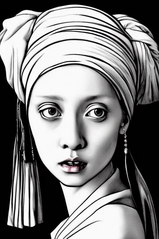 Image similar to beautiful portrait of a woman, negative no not the girl with a pearl earring, highly detailed ink illustration, b & w clean shaped illustration by kim jung gi, ric estrada, ron english and eiichiro oda