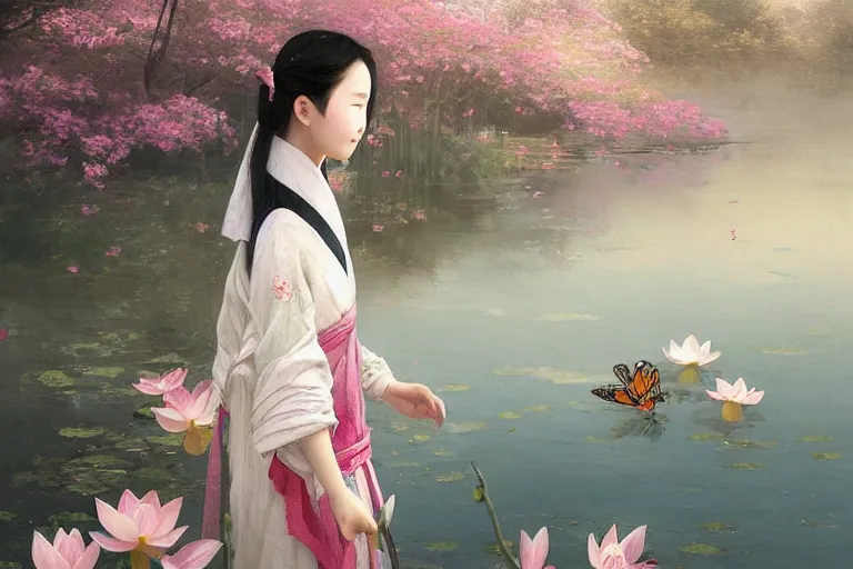 Prompt: a beautiful picture of a girl in hanfu wearing a butterfly mask sleeps on the lake where lotus flowers are blooming,, by greg rutkowski and thomas kinkade, trending on artstation