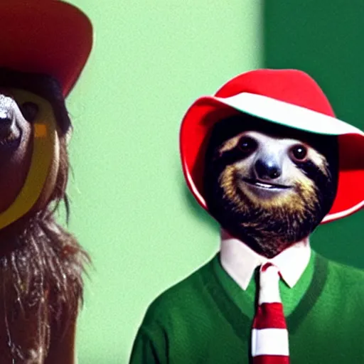 Prompt: a sloth dressed in a red and green striped jumper and fedora lurking in the shadows behind a scared teenager, film still