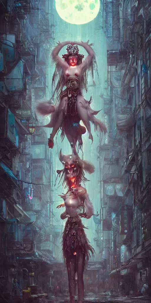 Image similar to hyper realistic Princess Mononoke attacking luminescent ghost, ornate mask, wet market street, cyberpunk metropolis, city landscape, jewels, full body pose, full moon, style of tom bagshaw, mucha, james gurney, norman rockwell, denoised, sharp