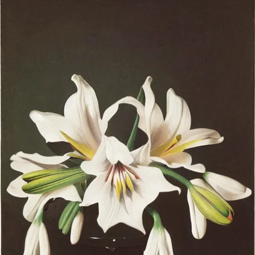 Image similar to a still life painting of a skill with diamonds in its eyes surrounded by white lilies all in front of a dark shadowy background by francisco de zurbaran