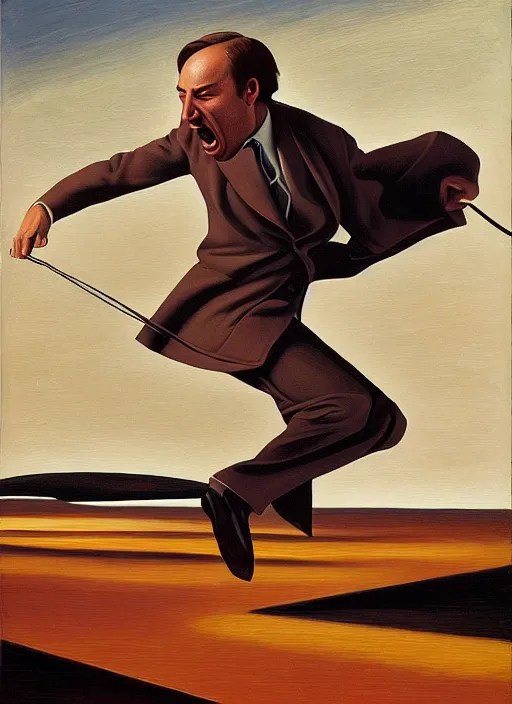 Prompt: saul goodman, screaming, painting by kay sage,'action lines '!!!, graphic style, visible brushstrokes, motion blur, blurry