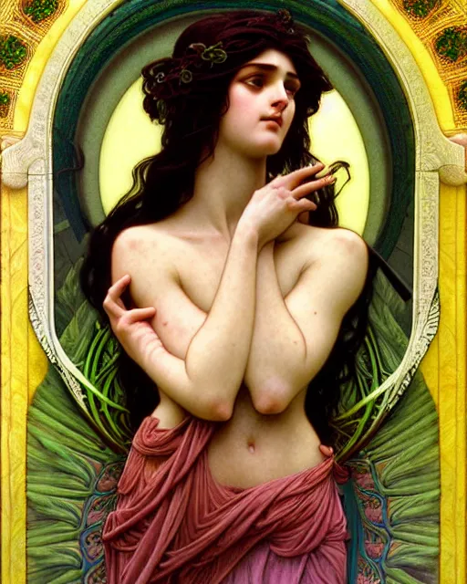 Prompt: goddess of nature, unusual beauty, emotionally evoking symbolic metaphors, head in focus, fantasy, ornamental, intricate, elegant, sensual, highly detailed digital painting, artstation, concept art, painterly, golden ratio, sharp focus, illustration, art by John William Godward and Rafael and Alphonse Mucha and Zdzisław Beksiński,