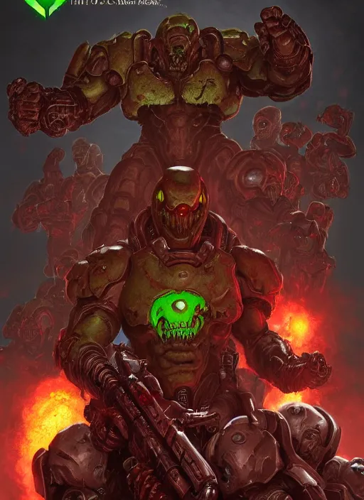 Image similar to ( doom ) cover featuring doom slayer!! doom marine!! surrounded by demons, by kenneth scott, artstation, vivid gaze