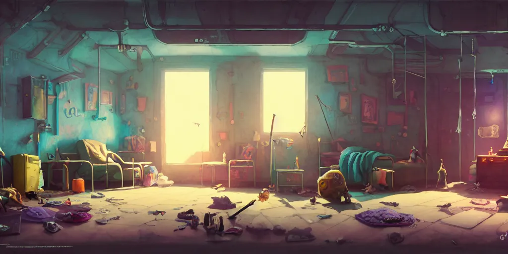 Image similar to room in the sewers, the room is messy and unorganized, bed is not made, sword clothes and posters everywhere, detailed, artstation, 8 k, sci - fi, pastel colors, props, panel, concept, simon stalenhag, in watercolor gouache detailed paintings, moebius, blueprint, building, living room, detailed, posters, sofa