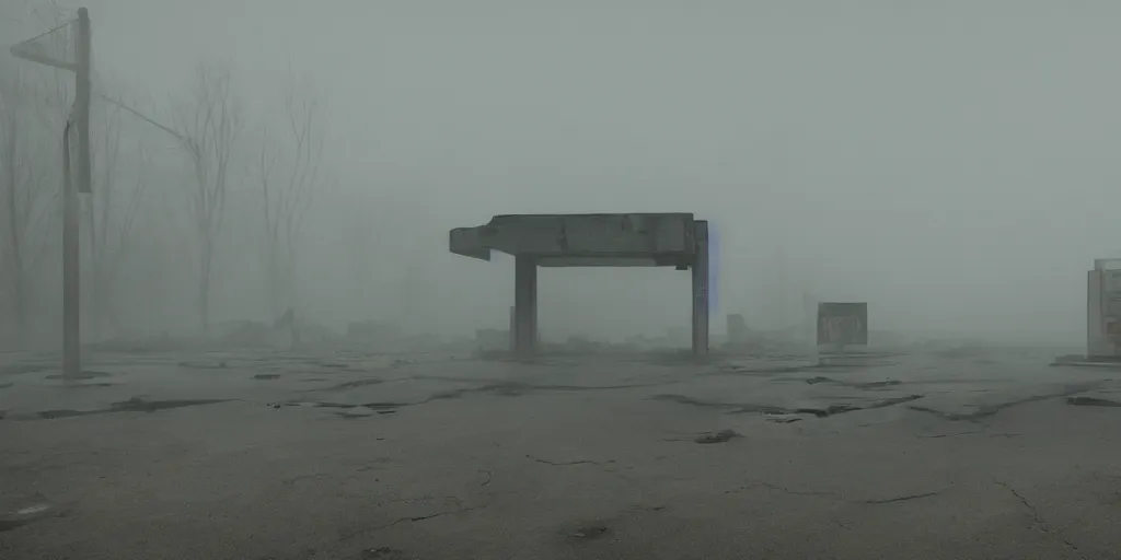 Prompt: a melancholic post-apocalyptic ruins of a gas station, mutants creatures swarming, atmosphere of silent hill, 8k, cinematic lighting, hd wallpaper, fog, Todd Hido, painted by gerhard richter, painted by Marlene Dumas