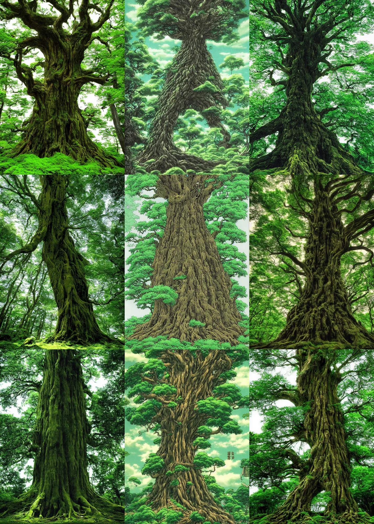 Prompt: giant tree in a green forest, by akira toriyama