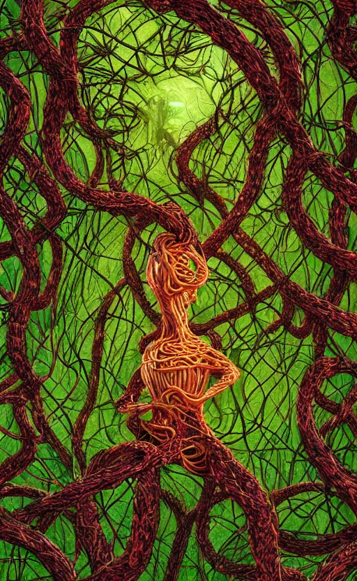 Image similar to a person trapped in extremely thick vines intertwined, central composition, high saturation, epic lighting, in the style of Peter gric and Hannah yata 8k