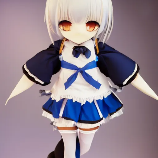 Image similar to cute fumo plush of a gothic maiden in a blue and black uniform, laces and ribbons, soft shadow, anime girl, vray, white frame