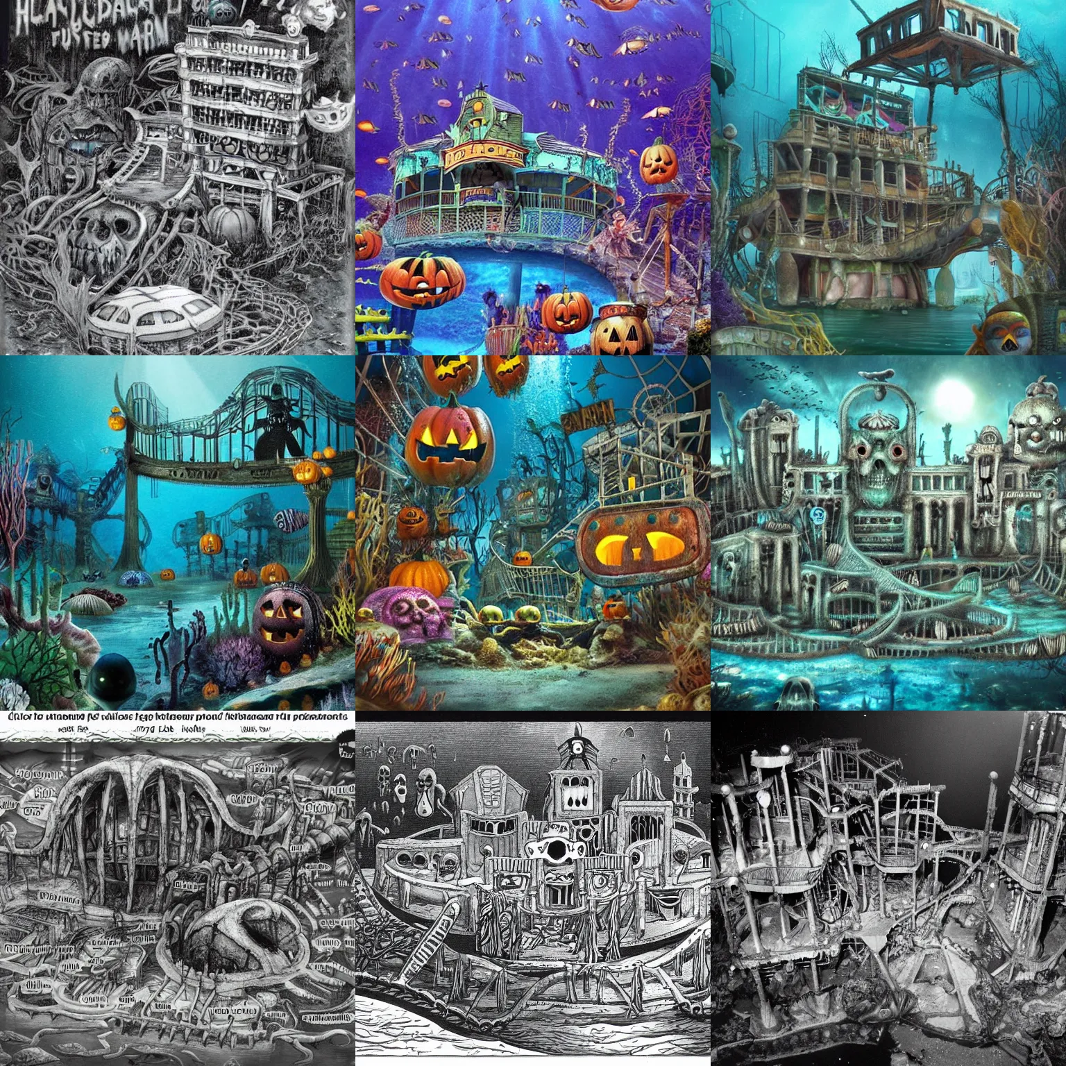 Prompt: a horror based underwater suburb based on an amusement park during halloween that takes place incredibly deep underwater and is built on the idea of the lost city of atlantis, halloween decorations, underwater city, amusement park, spooky, amusement park attractions, deep sea, horror themed, fun, in the simpler style of harper groff