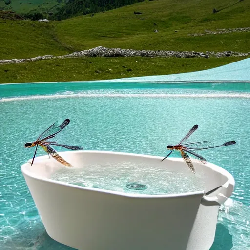 Image similar to dragonfly in a bathtub in the alps, libertine!! in background