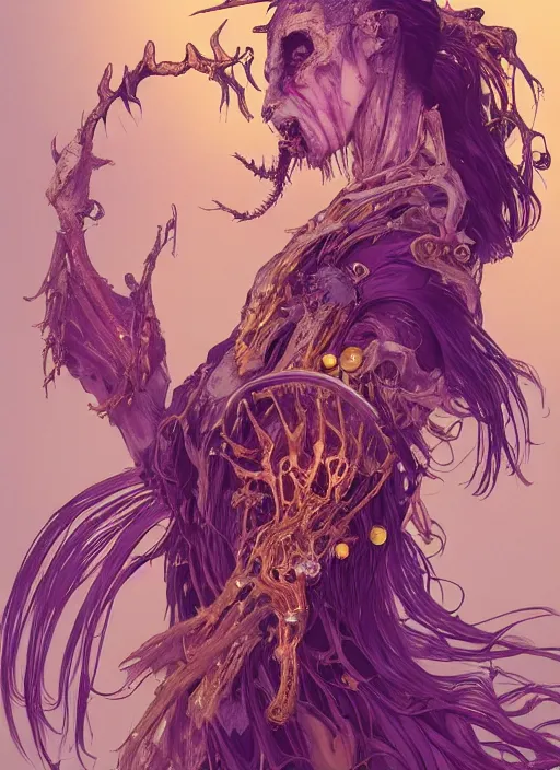 Prompt: portrait of a joyful ghost girl, golden robe, fangs , decaying bones, biomechanical, exposed bones, antlers, concept art, artstation, 4k, detailed, dramatic lighting, afternoon sun, purple liquid, alphonse mucha, syd mead, moebius, mohrbacher, tarot card, digital painting, artgerm, Hiroshi Yoshida