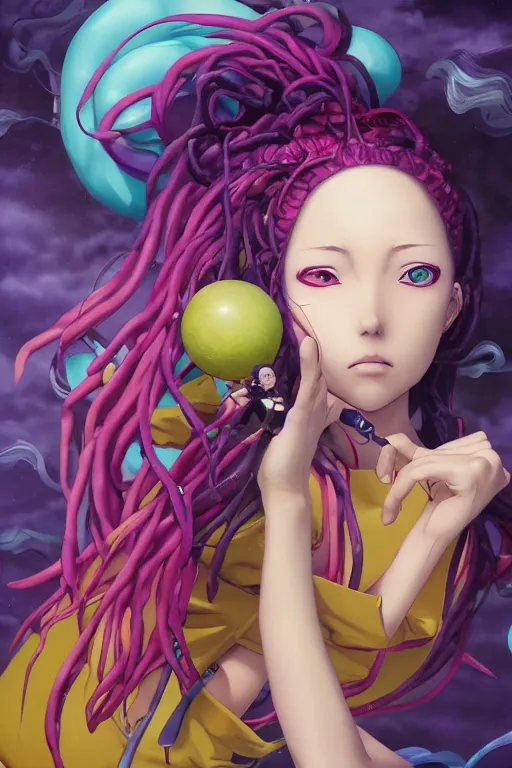 Prompt: portrait of an anime manga girl with floating yellow snake dreads, straight on, by artgerm, james jean, tom bagshaw, gerald brom, vaporwave colors, lofi colors, vaporwave, lofi, goth vibe, 4 k, smooth, hd, substance designer render, full body character concept art, symmetrical,