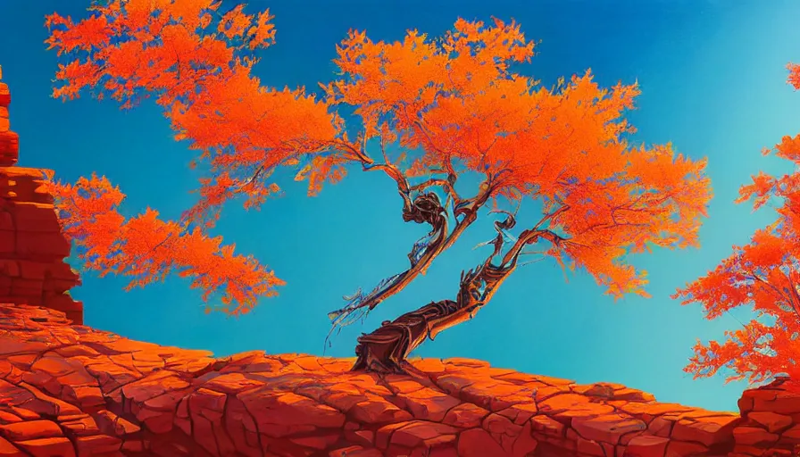 Image similar to single red maple tree growing in grand canyon, stream, tristan eaton, victo ngai, artgerm, rhads, ross draws, highly detailed, masterpiece