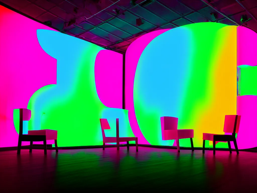 Image similar to room with overlaping curved translucent screens projecting art, large colorful art, pixel perfect image, high contrast, volumetric lighting, tiny neon light, chair, user, pair of keys