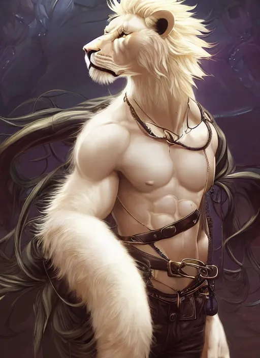 Prompt: aesthetic portrait commission of a of a male fully furry muscular anthro albino lion wearing attractive gay leather harness with a tail and a beautiful attractive hyperdetailed face at golden hour, safe for work (SFW). Character design by charlie bowater, ross tran, artgerm, and makoto shinkai, detailed, inked, western comic book art, 2021 award winning film poster painting