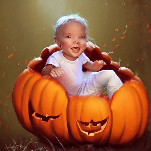 Prompt: a cute happy baby sitting inside a pumpkin. halloween themed painting by artgerm and greg rutkowski.