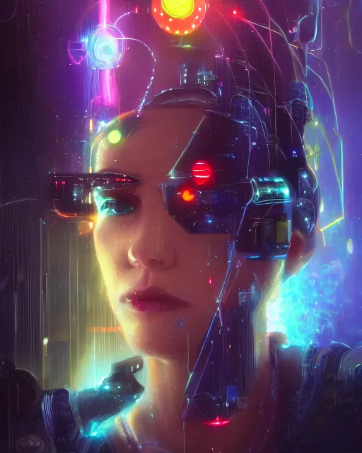 Image similar to a cyberpunk close up portrait of enchanting cyborg athena, electricity, rainbow, sparks, bokeh, soft focus, sparkling, glisten, water drops, cold, dark, geometric, temples behind her, by paul lehr, jesper ejsing