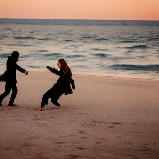 Prompt: weathered color photo of a man and woman both wearing trenchcoats, dancing together on a beach during cloudy weather at night, very dark