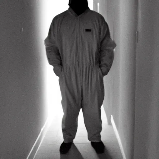 Image similar to man in jumpsuit with deformed face standing in a dimly lit hallway