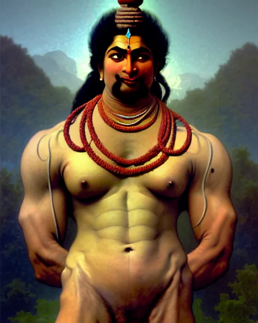 Image similar to amazing lifelike award winning realistic illustration of Angry muscular hindu God Shiva wearing sheshnaag around his neck in style of William-Adolphe Bouguereau, shiva body builder, blue skin, pumped biceps and abs, sitting on tiger skin, Himalayas in the background, hypermuscular, trending on artstation, artgerm, Greg rutkowski, alphonse mucha, cinematic, epic Lighting, photorealistic, Octane render, Unreal Engine, Art nouveau