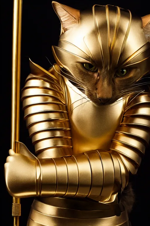 Image similar to a cat wearing gold plated armor, studio lighting