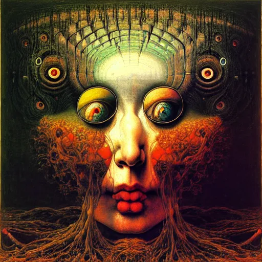 Image similar to an oil painting by botticelli, by arcimboldo, by yoshitaka amano, by beksinski seen through a kaleidoscope, detailed, high resolution