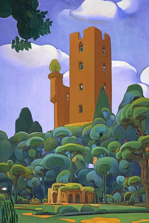 Image similar to view of the ancient blue tower in its gardens after a storm, tall windows, beautiful moorish ornament, dramatic cinematic lighting, rich colors, golden age illustration, by Sylvain Sarrailh and Nicholas Roerich and Ludwig Deutsch and April Gornik