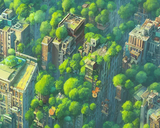 Prompt: a wholesome animation key shot of an overgrown New York covered in nature, overhead shot, wide shot, architecture, studio Ghibli, Pixar and Disney animation, sharp, very detailed, high resolution, inspired by Hayao Miyazaki, anime key art by Greg Rutkowski, Bloom, dramatic lighting