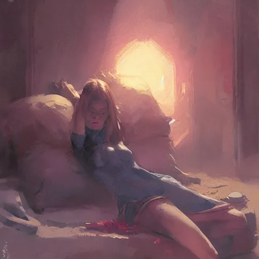 Prompt: falling asleep by greg rutkowski, frank frazetta, artgerm, wlop