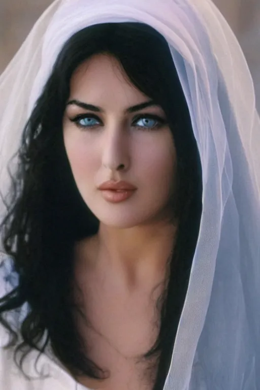 Prompt: young arab Monica Bellucci, blue eyes wearing corrective contact lenses, long wavy black hair, white veil, closeup, focus face, colored, middle eastern