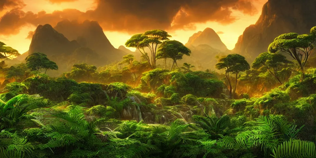 Prompt: a prehistoric savanna with giant ferns, waterfall, mountains, towering cumulonimbus clouds, sunset, volumetric lighting, washed out colors, an award winning digital render, beautiful, ultradetailed, hyperrealistic, great composition