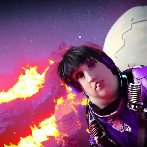 Prompt: photo of an overweight depressed teenager with emo haircut wearing gothy purple and black spandex suit, sitting next to smashed burning spacecraft wreckage, on the orange surface of mars, Trending on artstation, octane render, cinematic lighting, hyper realism, photorealistic, octane render, 8k, depth of field, 3D