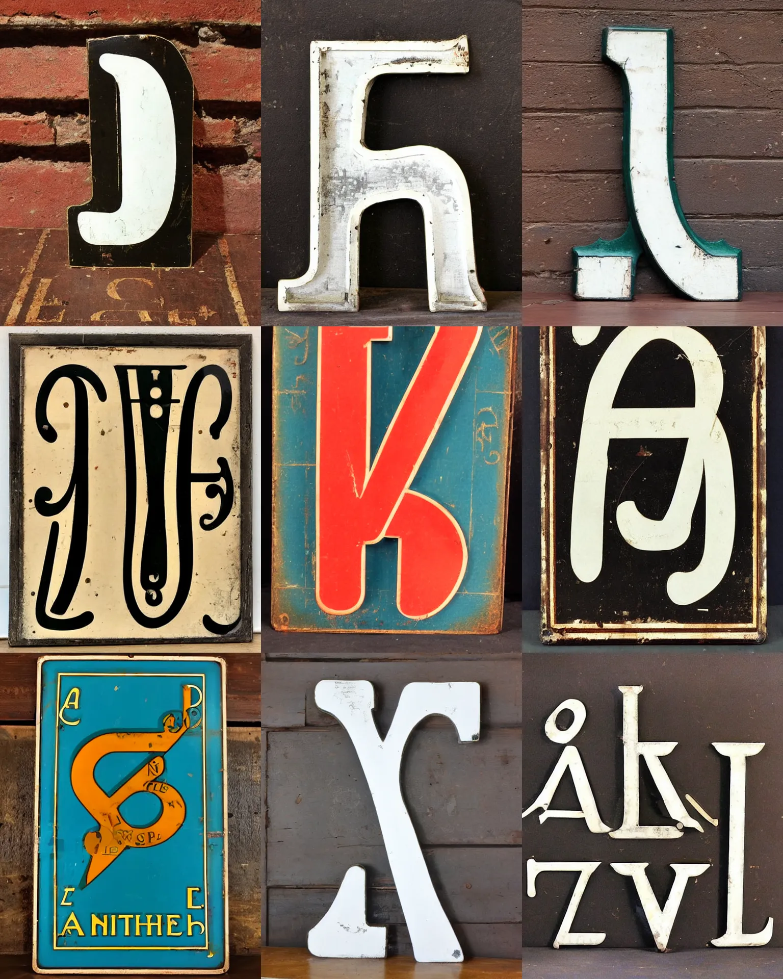 Prompt: 1 9 2 0 s enamel sign text sign of the alphabet chart a, b, c, d, e, f, g, h, i, j, k, l, m, n