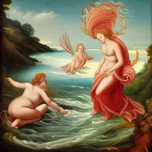 Prompt: The digital art depicts the goddess Venus, who is born from the sea, being blown towards the shore by the wind god Zephyr. On the shore, the goddess of love, beauty, and fertility, is greeted by the nymphs who attend to her. The digital art is a masterful example of use of color, light, and perspective. The figures are depicted in graceful poses, and the overall effect is one of serenity and beauty. by Bastien Lecouffe-Deharme earthy, monumental