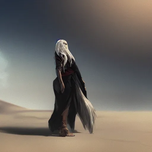 Prompt: a woman with long white hair stands in the desert, dramatic lighting, illustration by greg rutkowski, yoji shinkawa, 4 k, digital art, concept art, trending on artstation