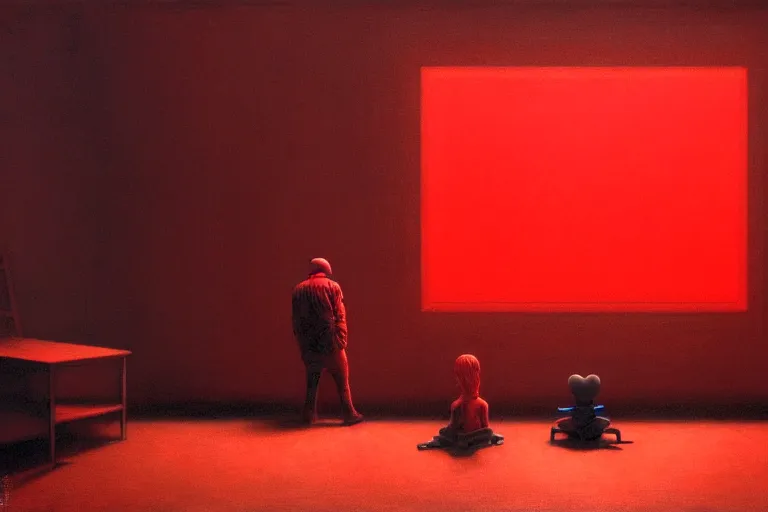 Prompt: only with red, netflix studios with workers, a big mickey mouse head in the middle of the room, in the style of beksinski, parts by edward hopper, parts by rodcenko, parts by yue minjun, intricate and epic composition, red by caravaggio, insanely quality, highly detailed, masterpiece, red light, artstation, 4 k