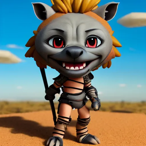 Image similar to antropomorphic medieval knight hyena warrior as nendoroid walking in a desert in the croods movie style, anime, disney, pixar, 8 k, hd, dof, kodak film, volumetric lighting, subsurface scattering, photorealistic, octane render, details