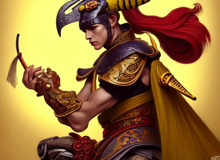 Image similar to a anthropomorphic banana wearing samurai armor, diffuse lighting, fantasy, intricate, elegant, highly detailed, lifelike, photorealistic, digital painting, artstation, illustration, concept art, smooth, sharp focus, art by frank frazetta and marco bucci and loish and rossdraws and artgerm and alphonse mucha