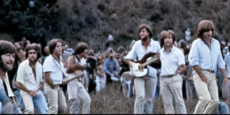 Prompt: photorealistic documentary style close macro up cinematography of the beach boys at the 1 9 6 9 woodstock festival shot on 1 6 mm eastman 7 2 5 4 film with a 6 5 mm cooke panchro macro lens shot at magic hour by cinematographers, malcolm hart, don lenzer, michael margetts, david myers, richard pearce, michael wadleigh